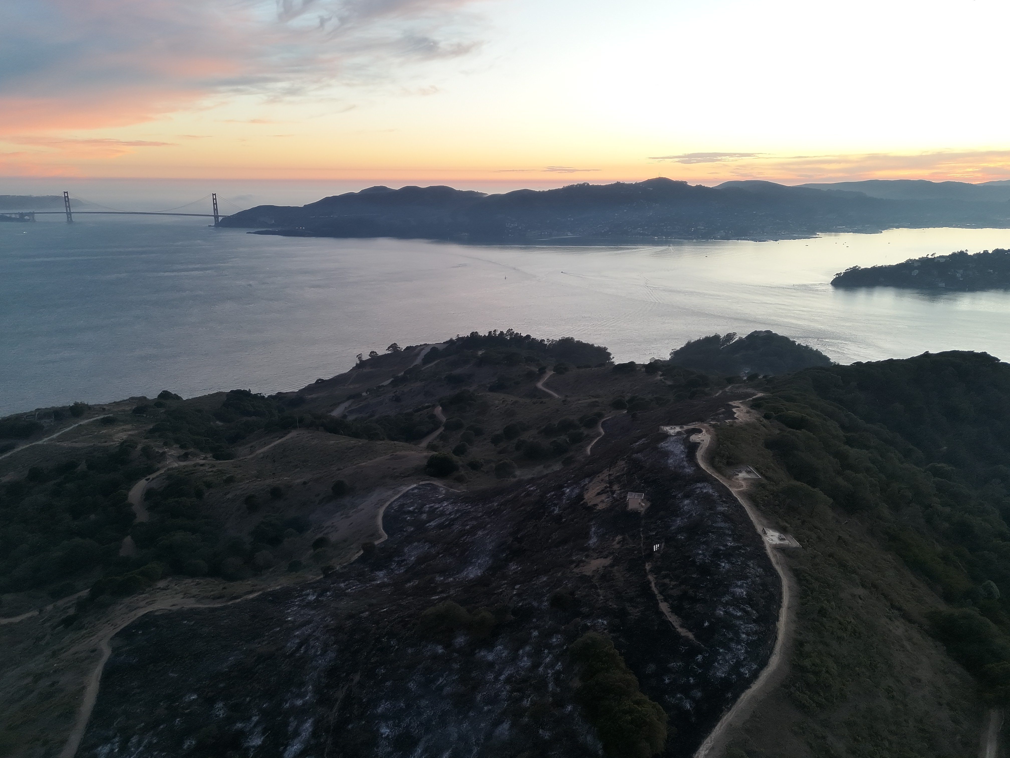 Angel Island following prescribed burn with aerial view of San Francisco Bay