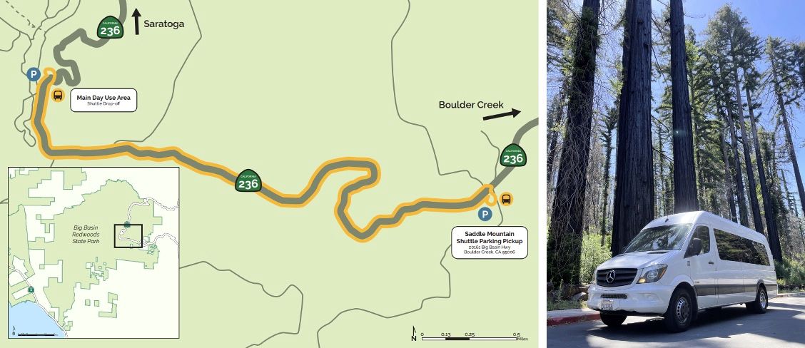 Left: Map of State Park shuttle route from the interim Saddle Mountain shuttle parking to the park&rsquo;s main day-use area. Right: State Park shuttle at the main day-use shuttle drop-off. 