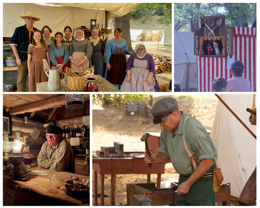 Top Left: The staff at the Winters Hotel at Marshall Gold SHP provide delicious fare for the inhabitants of Tent Town. Top right: Event attendees enjoy the antics of Punch and Judy. Bottom left: Docent Nelson Snook tends the Miners&rsquo; Store. Bottom right: Senior Park Aide Frank McKinney demonstrates the art of blacksmithing.