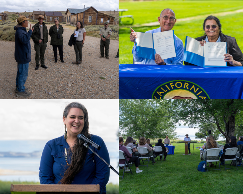 Top left: Tribal Elder Dean Tonenna shares information on a tour of Bodie State Historic Park. Top right: State Parks Director Armando Quintero and Kootzaduka&rsquo;a Tribal Chair Charlotte Lange. Bottom left: CNRA Deputy Secretary of Tribal Affairs Geneva E.B. Thompson addresses the gathering. Bottom right: Sierra District Coordinating Tribal Liaison, Scott Green welcomes Parks staff, Kootzaduka&rsquo;a Tribe and attendees to the MOU signing ceremony.
