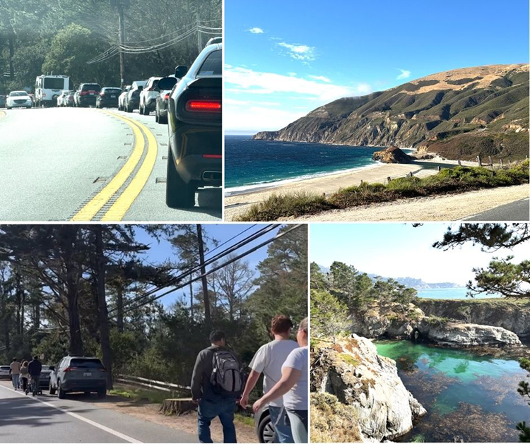 Left photos: Highway 1 (south bound) near Point Lobos State Natural Reserve (SNR). Right photos: Big Sur and Point Lobos SNR (bottom).