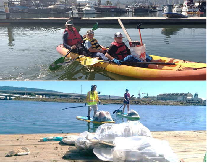 Top: Volunteers from Surf Sports on their kayak in Marin County. Photo from Surf Sports. Bottom: Volunteers collecting trash at the Jack London Aquatic Center in Alameda. Photo from I Heart Oakland-Alameda Estuary.